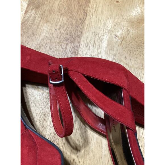 Womens High Block Heel Ankle Strap Open Toe Red Faux Suede Shoes Size 8.5 - Picture 8 of 14